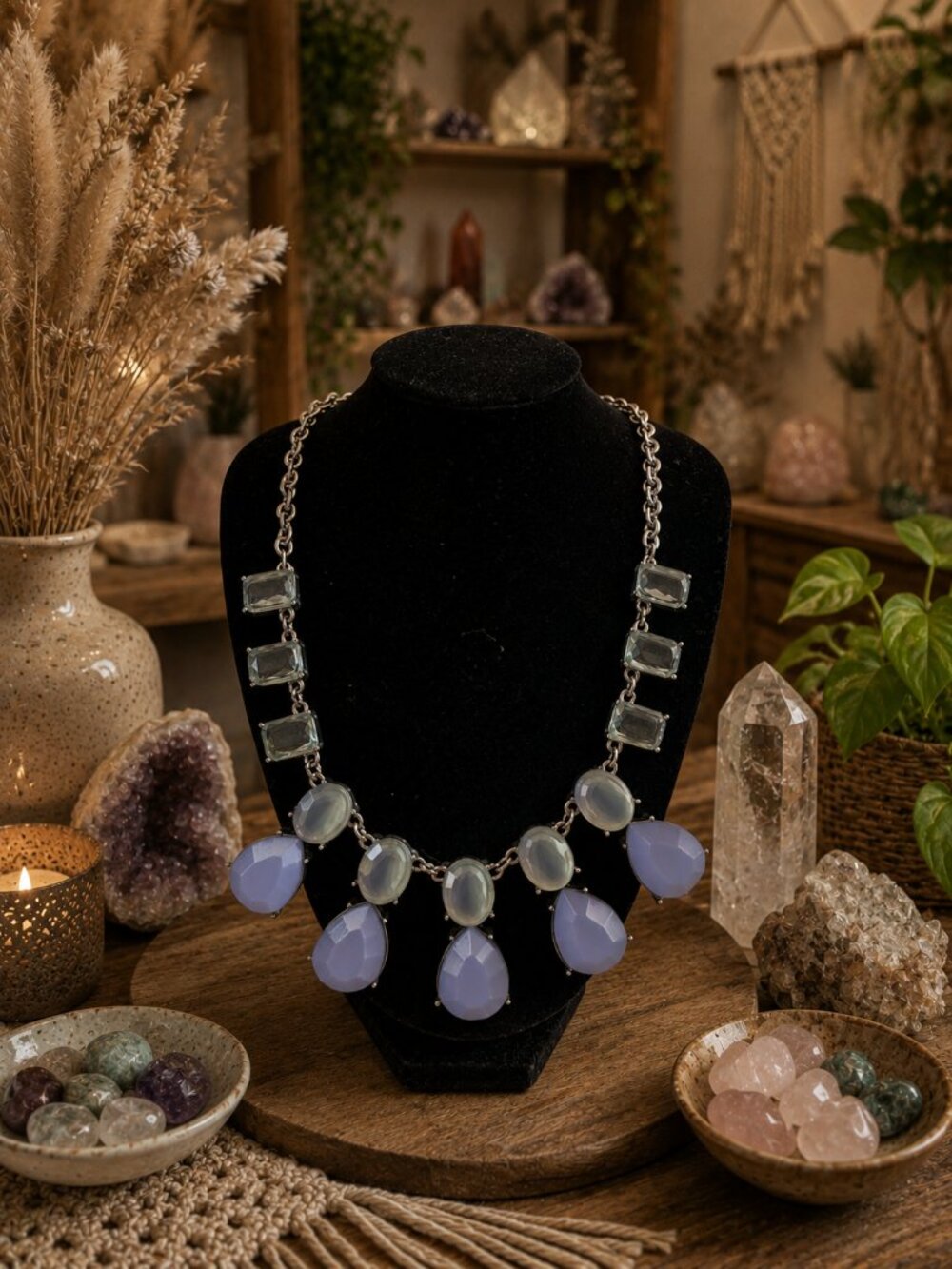 Blue and Green Faux Stone Statement Necklace/ Costume Jewelry